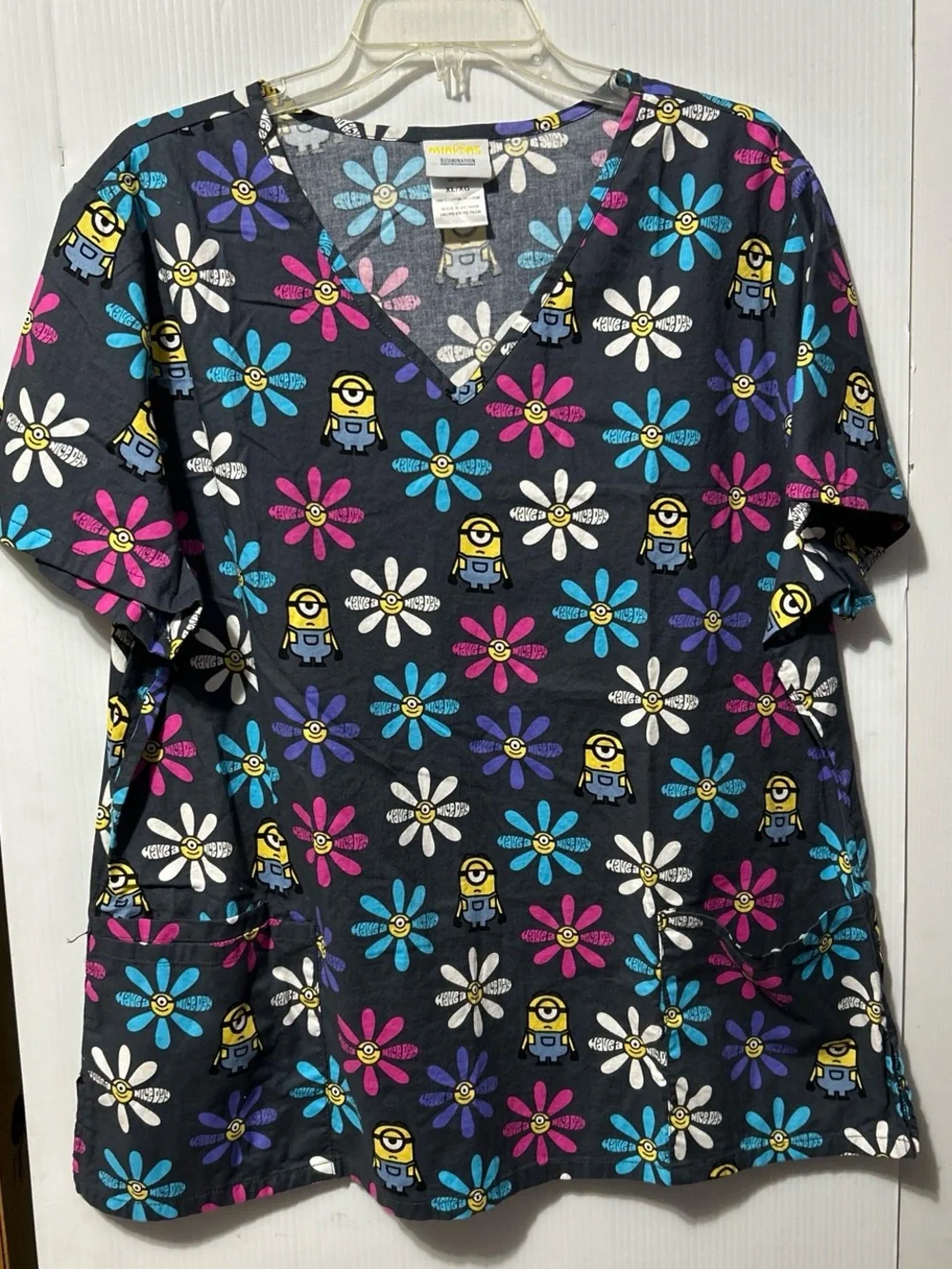 Minions Floral V-Neck Tunic Top - Black with Multicolor Flowers